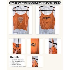Vintage 2003 Harley Davidson Orange Spaghetti Strap Tank Top Built In Bra Large
